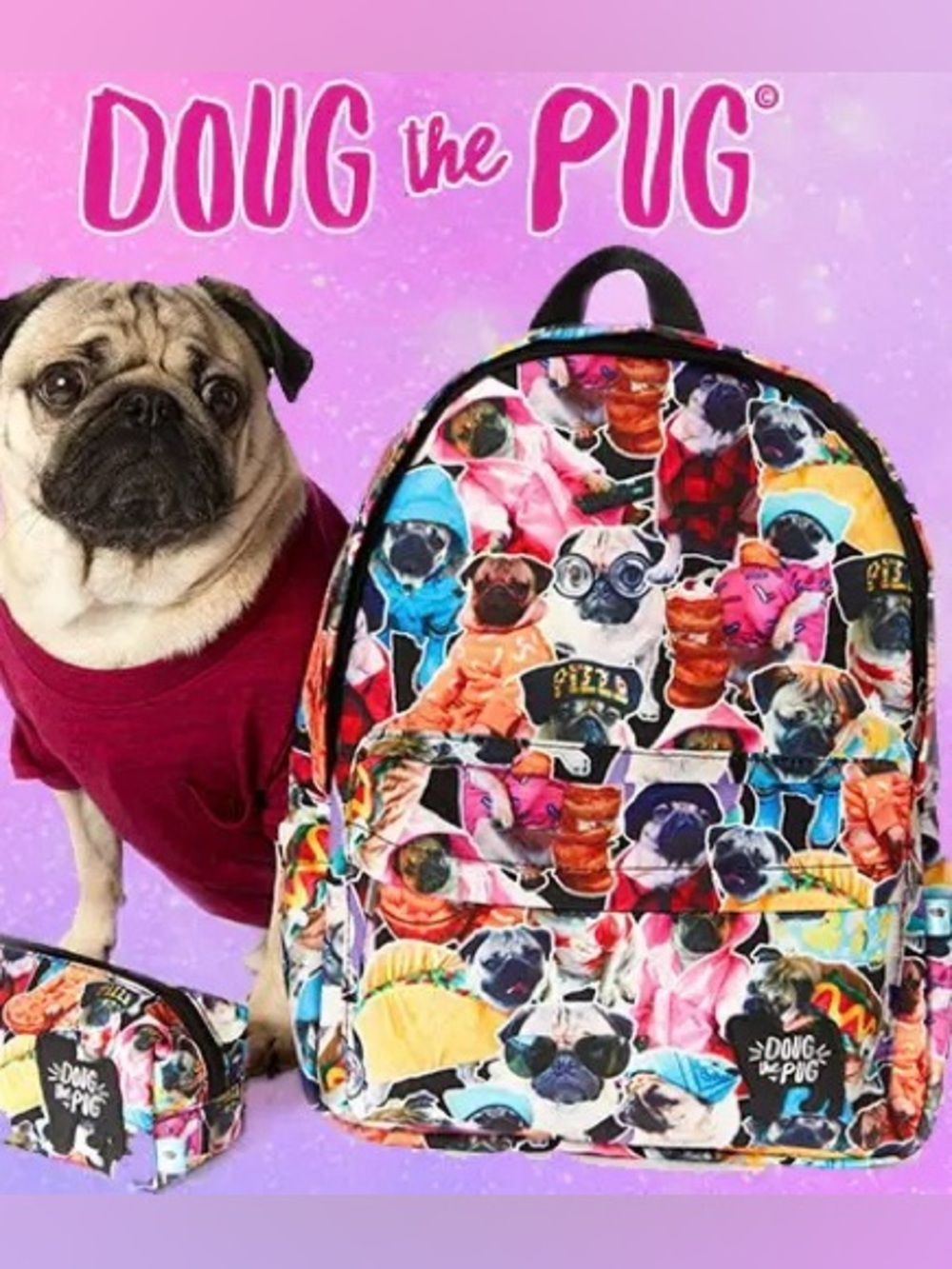 official Doug the Pug multi-outfit collage backpack